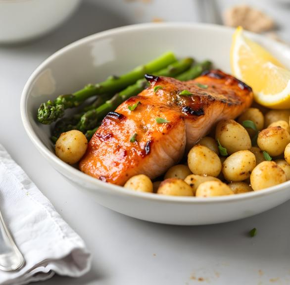 Airfryer-Lachs mit Gnocchi und grünem Spargel