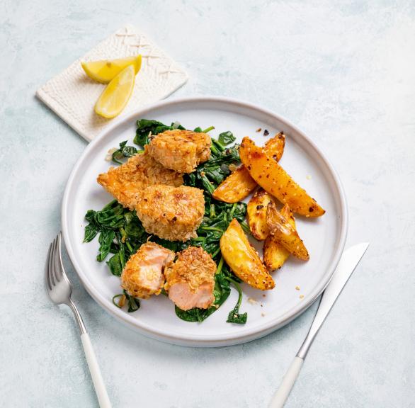 Fisch-Nuggets in Haferflockenkruste mit Spinat
