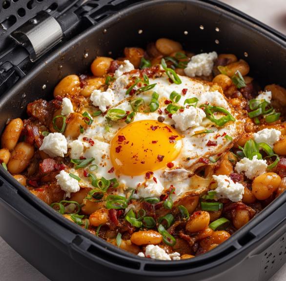 High Protein: Bohnen in Tomatensauce mit Feta und Ei