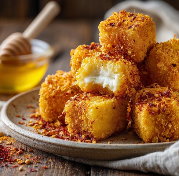 Knusprige Feta-Wüfel in Cornflakes-Panade