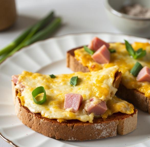Eine halbierte Scheibe Toast mit Omelette belegt