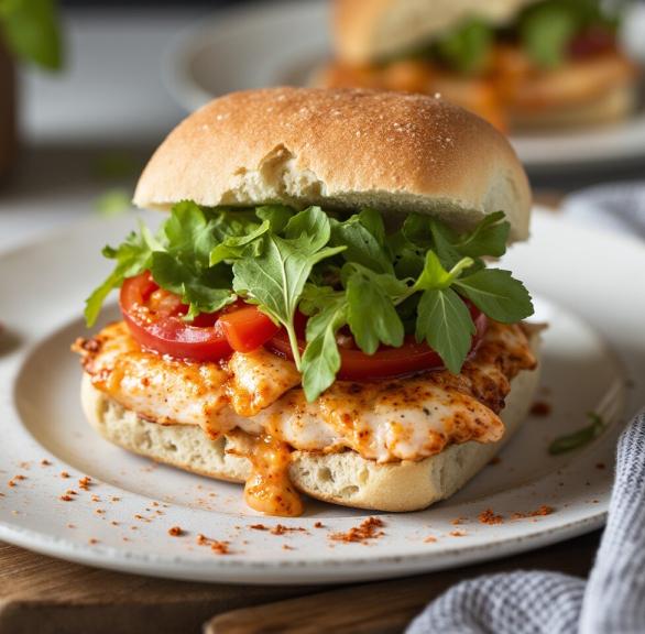 Ein Peri-Peri Chicken-Burger mit Salat uns Soße auf einem Teller