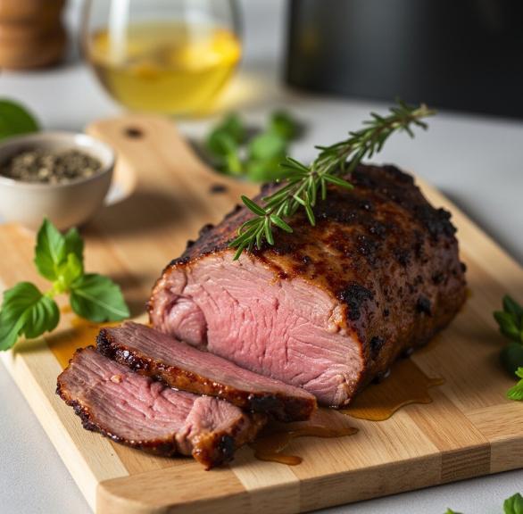 Ein angeschnittenes Stück Roastbeef auf einem Holzbrett vor einer Heißluftfritteuse