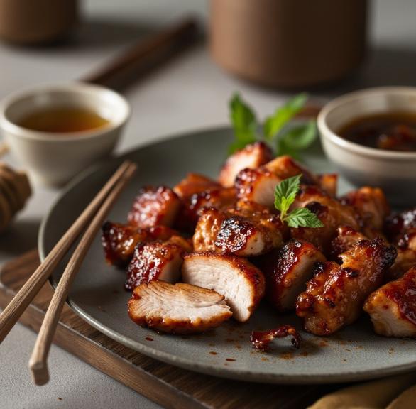 Gebackene Schweinfleischstücke auf einem Teller, daneben Char Siu-Marinade in einer Schale