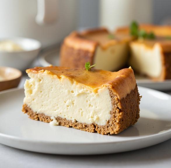 Ein Stück Käsekuchen auf einem Kuchenteller, dahinter der Rest des Kuchen auf einer Kuchenplatte