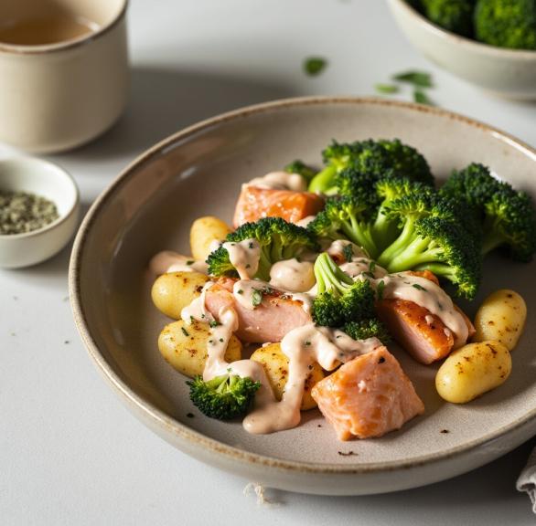 Gnocchi, Lachs und Brokkoli getoppt mit Sauce auf einem tiefen Teller