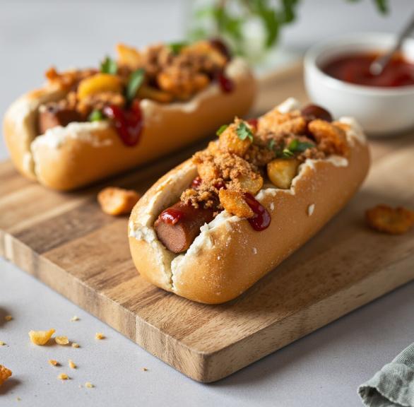 Zwei Hot Dogs mit verschiedenen Toppings auf einem Holzbrett