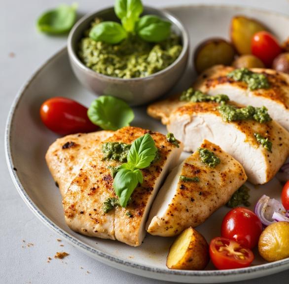 Italienisches Hähnchen mit Drillingen, Tomaten und Pesto angerichtet auf einem tiefen Teller