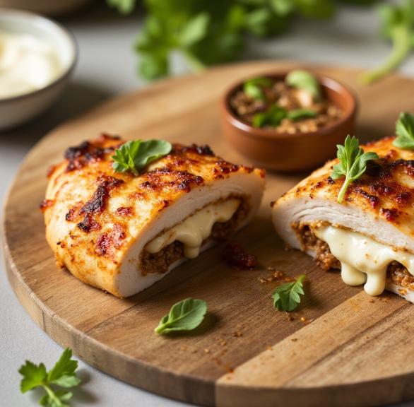 Halbiertes Hähnchen Cordon Bleu mit geschmolzenem Mozzarella und pesto gefüllt