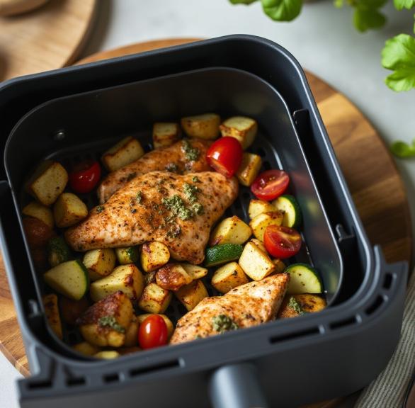 Hähnchenbrust, Gemüse und Kartoffeln zubereitet im Garkorb einer Heißluftfritteuse