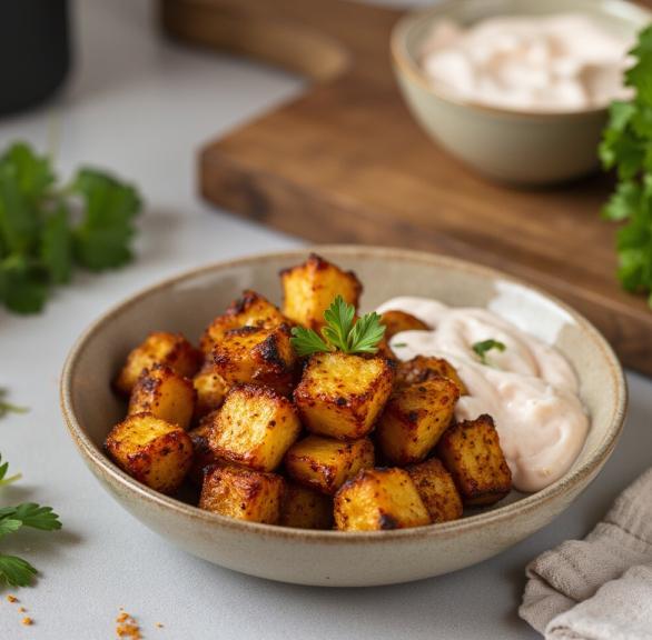 Gebackene Kartoffelwürfel auf einem Teller, daneben Sauce