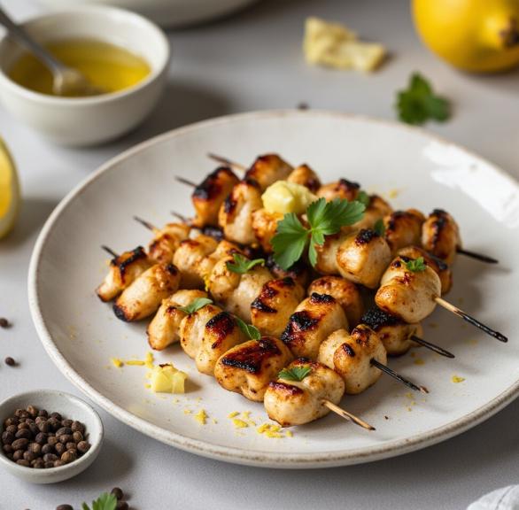 Mehrere Hähnchenspieße in Knoblauch-Zitronen-Marinade auf einem Teller