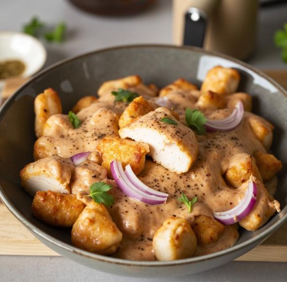 Hähnchengeschnetzeltes mit Sauce auf einem tiefen Teller