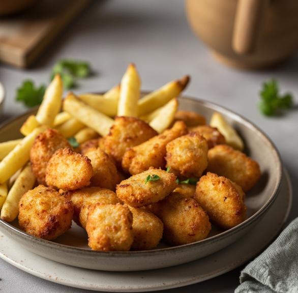 Heißluftfrittierte Pommes und Chicken Nuggets auf einem Teller