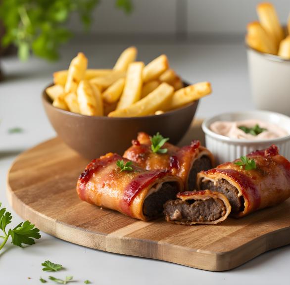 Bacon-Hackfleischrollen & Pommes