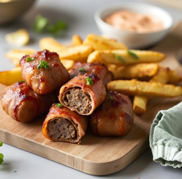 Bacon-Hackfleischrollen und Pommes auf einem Holzbrett