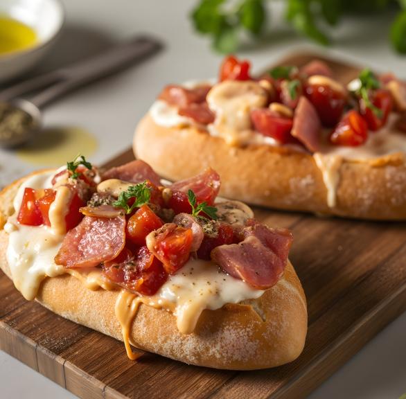 Zwei Baguettehälften mit Salami, Schinken und Käse auf einem Teller