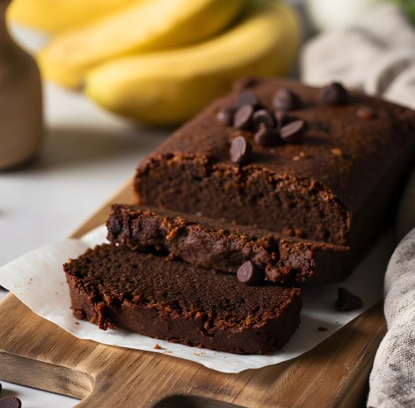 Bananen-Brownie-Kuchen angeschnitten auf einem Holzbrett