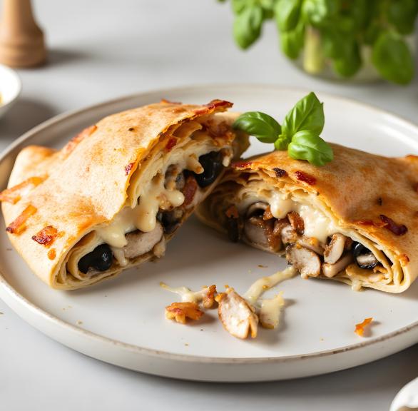 Halbierte Calzone auf einem Teller mit Basilikum garniert