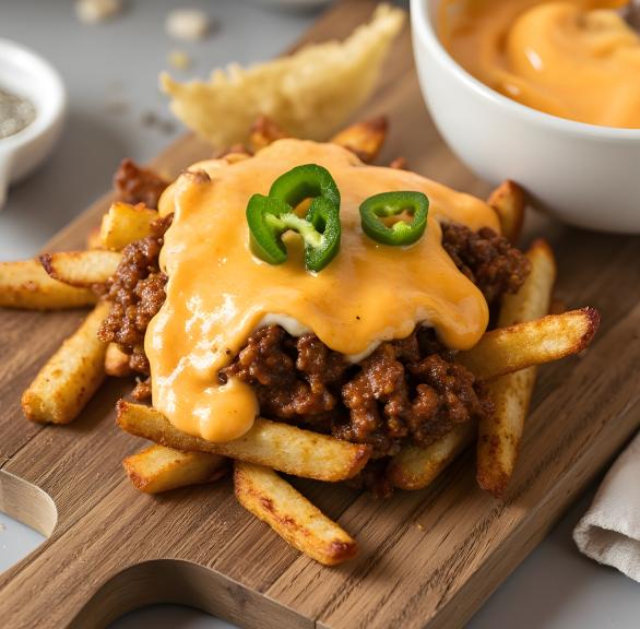 Pommes mit Hackfleisch und Sauce auf einem Holzbrett
