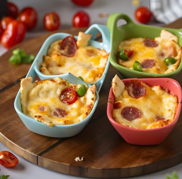 Gebackene Eier mit Käse, Gemüse und Salami in Silikonformen vor einem Airfryer