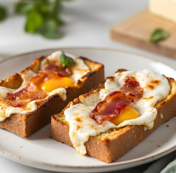 Zwei Scheiben Toast mit Bacon und Spiegelei auf einem Teller
