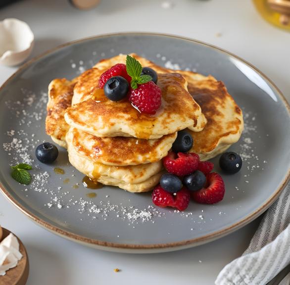 Pfannkuchen gestapelt auf einem Teller getoppt mit Puderzucker und frischen Beeren