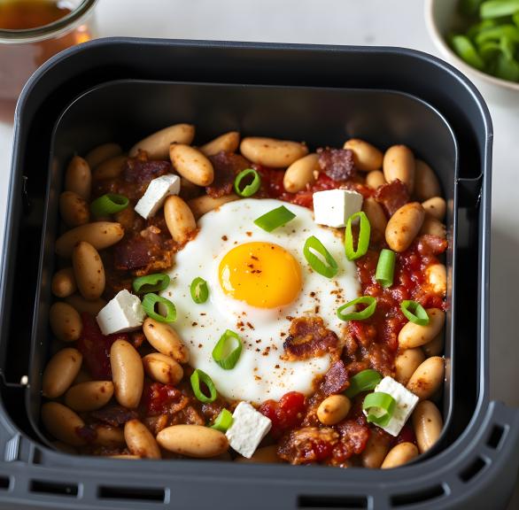 High Protein: Bohnen in Tomatensauce mit Feta und Ei