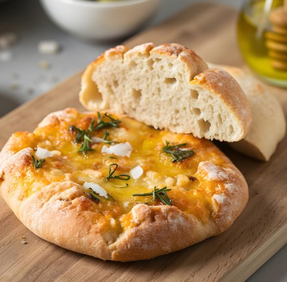 Zwei Focaccia-Brote angeschnitten auf einem Holzbrett