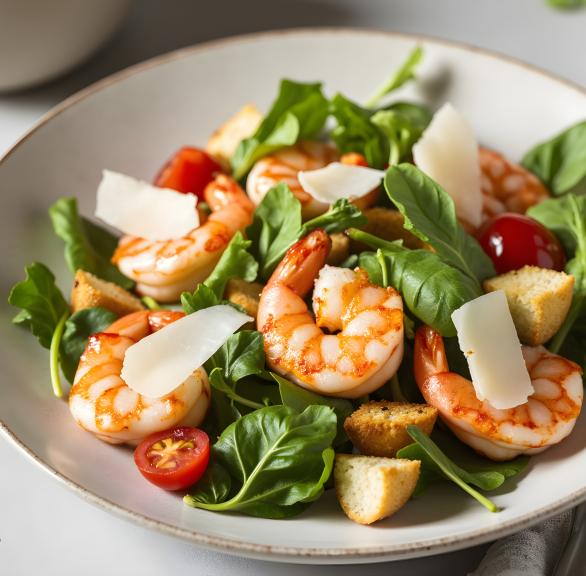 Salat mit Garnelen, Croutons und Salat auf einem tiefen Teller