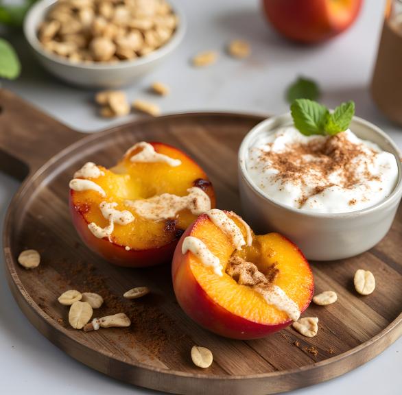 Zwei gebackene Pfirsichhälften getoppt mit Joghurt und Granola