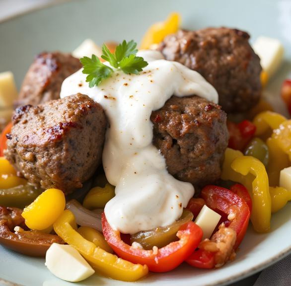 Hackbällchen auf Paprikagemüse mit Frischkäsesoße auf einem Teller