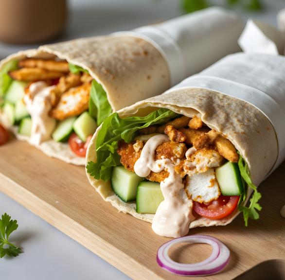Zwei Hähnchen-Gyros-Wraps auf einem Holzbrett
