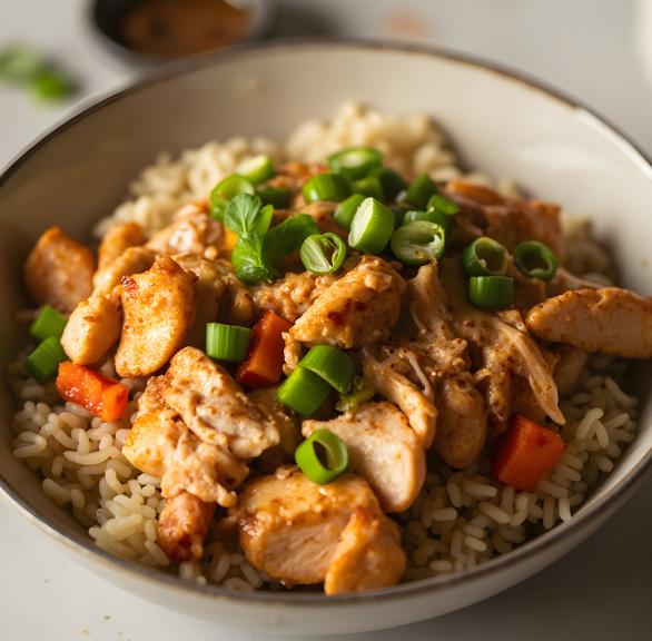 Schüssel mit gebratenem Reis, Hähnchen und Gemüse