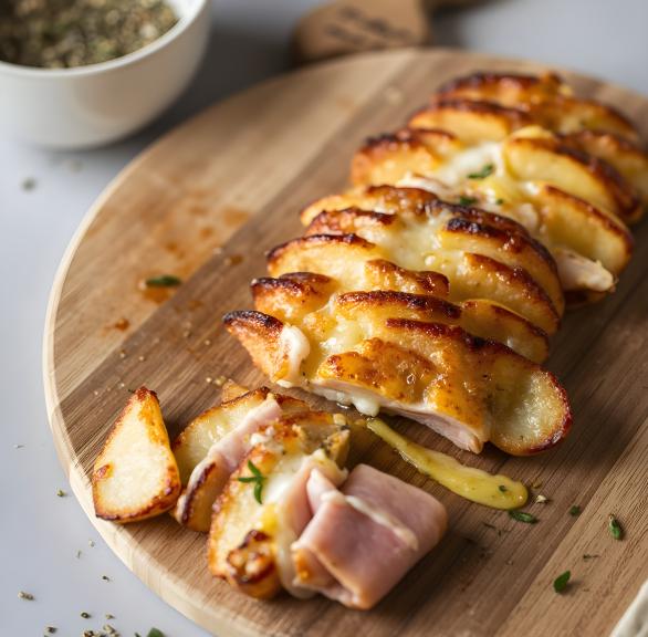 Fächerkartoffeln mit Käse und Schinken auf einem Teller