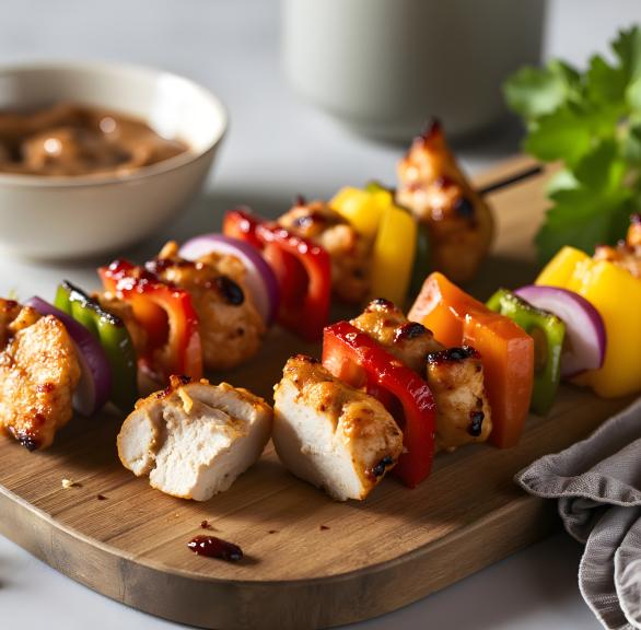 Teriyaki-Hähnchen-Spieße mit Paprika und Zwiebeln auf einem Holzbrett