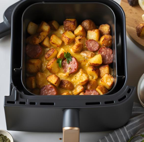 Kartoffelauflauf mit Würstchen im Garkorb eines Airfryers