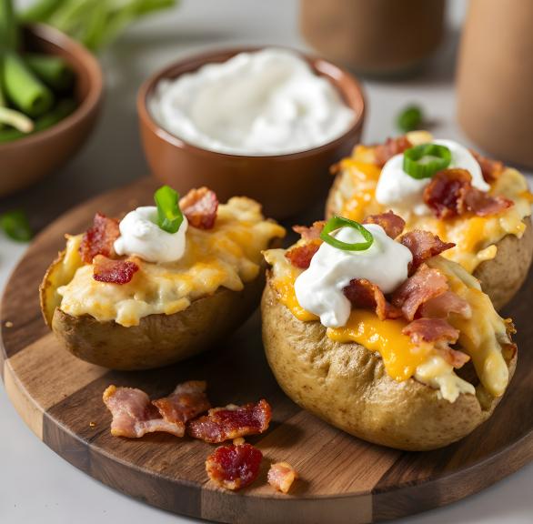Zwei überbackene Kartoffelhälften mit Bacon und Cheddar auf einem Teller