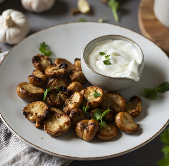 Knoblauch-Champignons auf einem Teller, daneben eine Schale mit Dip