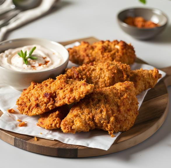 Panierte, heißluftfrittierte Hähnchenteile auf einem Holzbrett, daneben Quarkdip auf einem Tisch