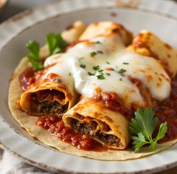 Lasagne Wraps auf einem Teller garniert mit frischen Kräutern