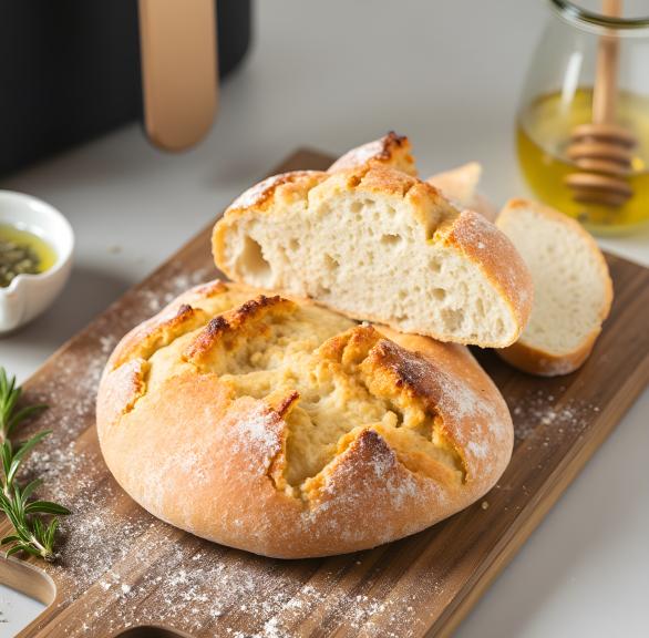 Rundes Skyr-Brot angeschnitten auf einem Holzbrett