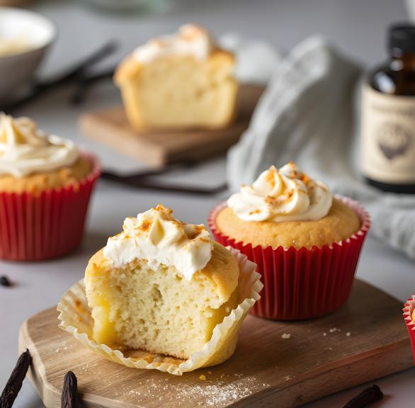 Mehrere Vanille-Cupcakes, teilweise mit Frosting, auf einem Holzbrett