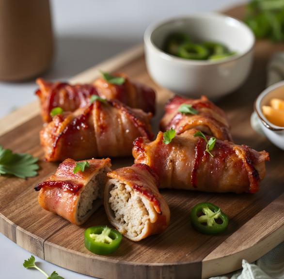 Heißluftfrittierte Bacon Hackfleisch Schnecken auf einem Holzbrett