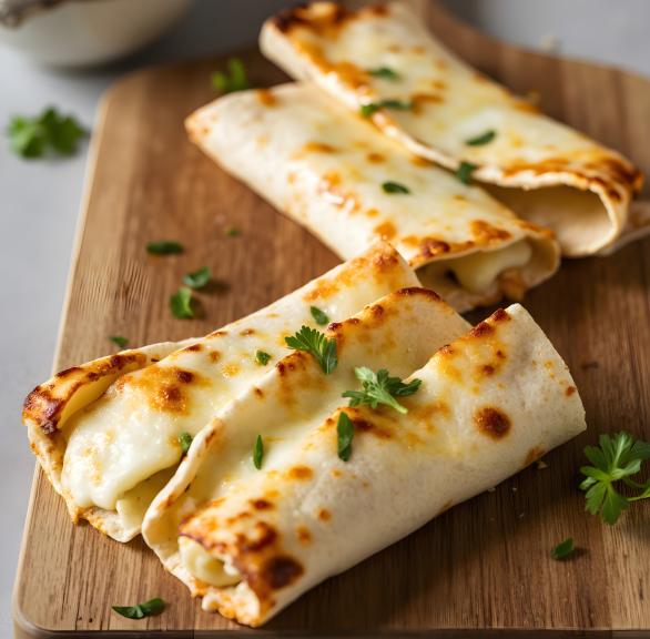 Mehrere Cheesy Garlic Tortilla Breads auf einem Holzbrett