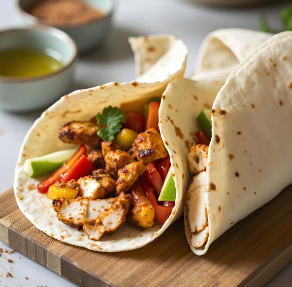 Zwei Fajitas gefüllt mit Hähnchen und Paprika auf einem Holzbrett