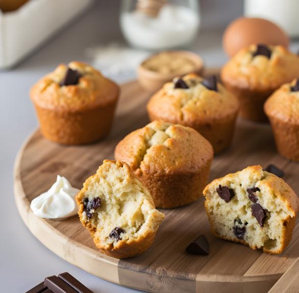 Muffins mit Schokostückchen auf einem Holzbrett, teilweise halbiert