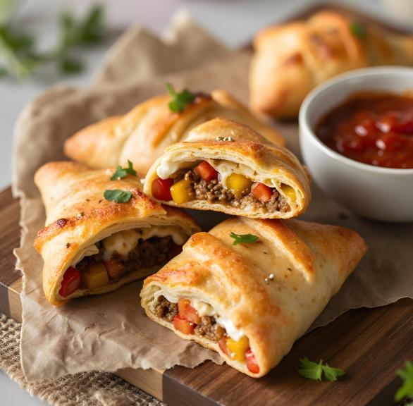 Gefüllte Blätterteigtaschen mit Hackfleisch, Paprika und geschmolzenem Mozzarella angeschnitten auf einem Holzbrett
