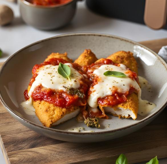 Zwei gebackene, panierte Hähnchenbrustfilets mit Tomatensauce und Mozzarella überbacken auf einem Teller