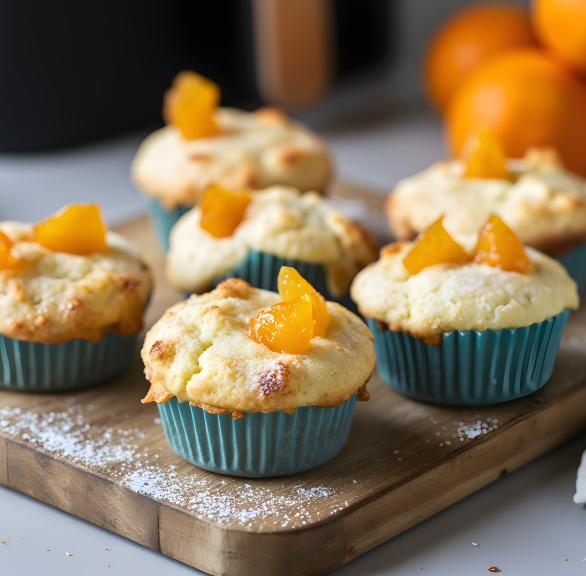 Käsekuchen-Muffins mit Mandarinen dekoriert auf einem Holzbrett